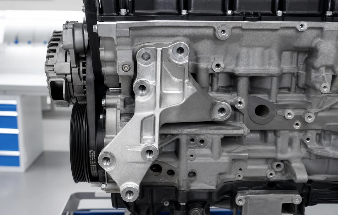Close view of replacement engine mounting points and bracket holes