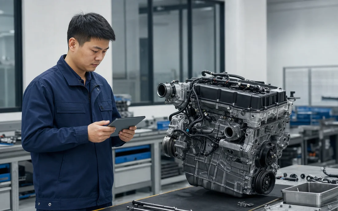 Professional Chinese automotive technician reviewing non-readable engine reference photos beside a generic engine