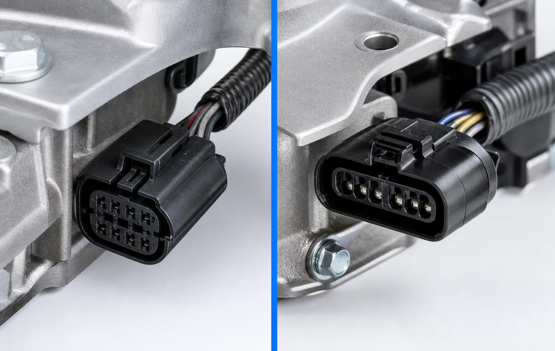 Close comparison of engine wiring connector shapes and nearby mounting details