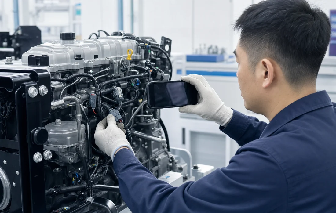 Chinese technician photographing engine sensor connectors from a repeatable angle