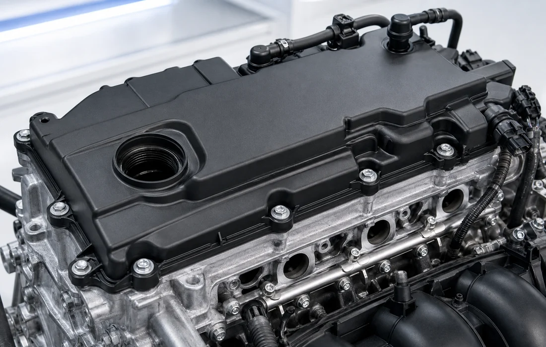 Close view of valve cover shape openings and surrounding engine interfaces