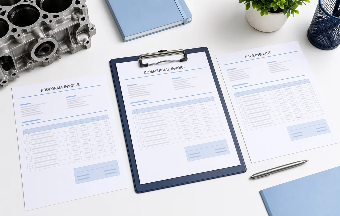 Proforma invoice commercial invoice and packing list arranged for an engine order