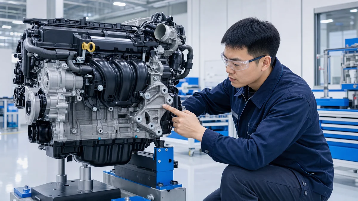 Chinese engine technician checking an engine mount bracket position