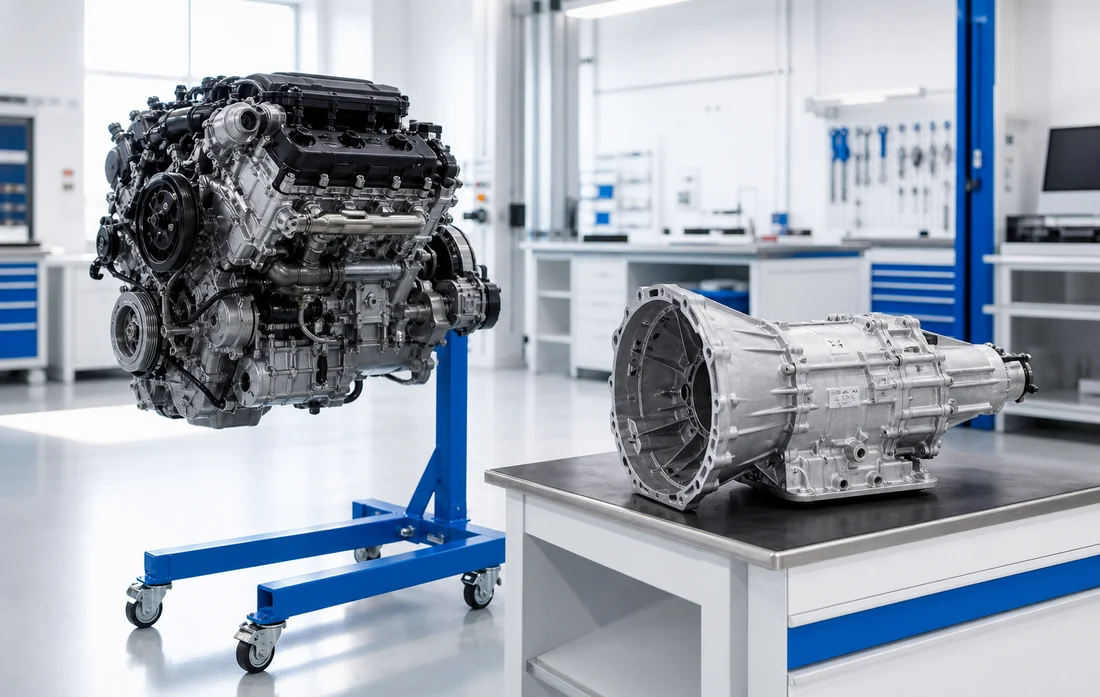 Engine positioned beside a transmission for interface and configuration inspection