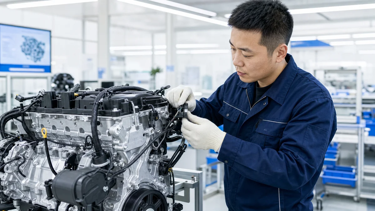 Chinese engine technician inspecting wiring connectors on a replacement engine
