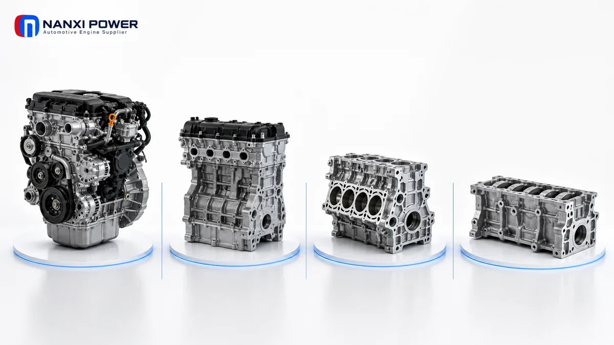 Complete engine, long block, base engine and short block comparison