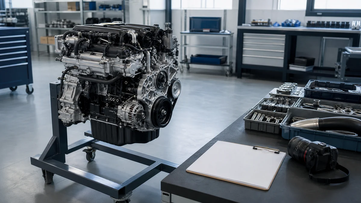 Unbranded replacement engine on a workshop stand with a clipboard, camera and organized component trays