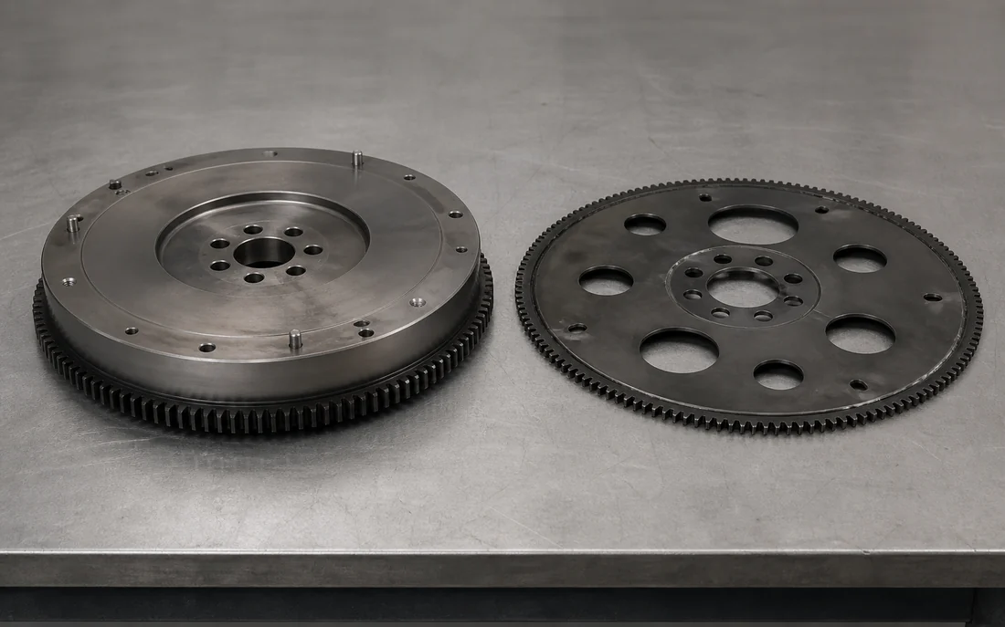 Generic flywheel-shaped and flexplate-shaped drivetrain components arranged for visual comparison