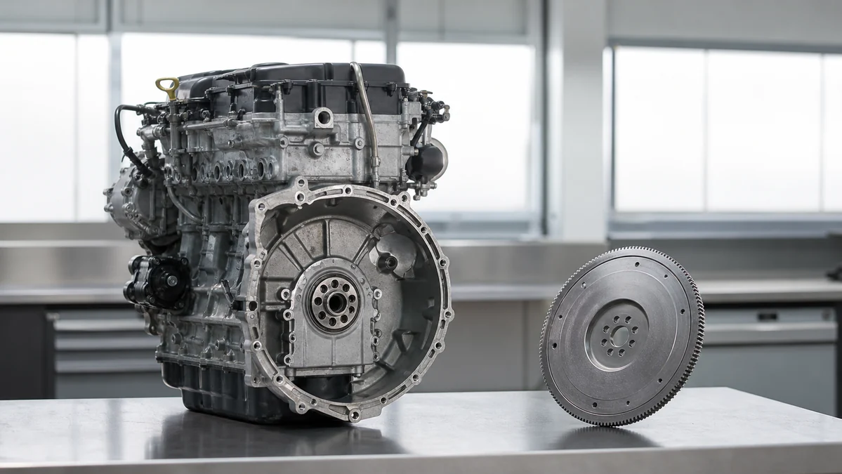Generic automotive engine viewed from the transmission mating side with a flywheel-shaped component nearby