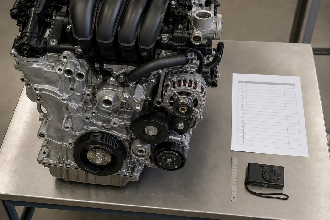 Unbranded engine on a workbench with a blank receiving checklist, ruler and camera beside visible mounting points