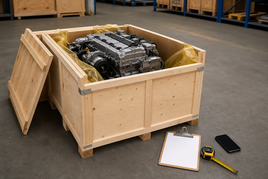 Open wooden crate holding an unbranded engine with blank clipboard and measuring tape in a clean warehouse