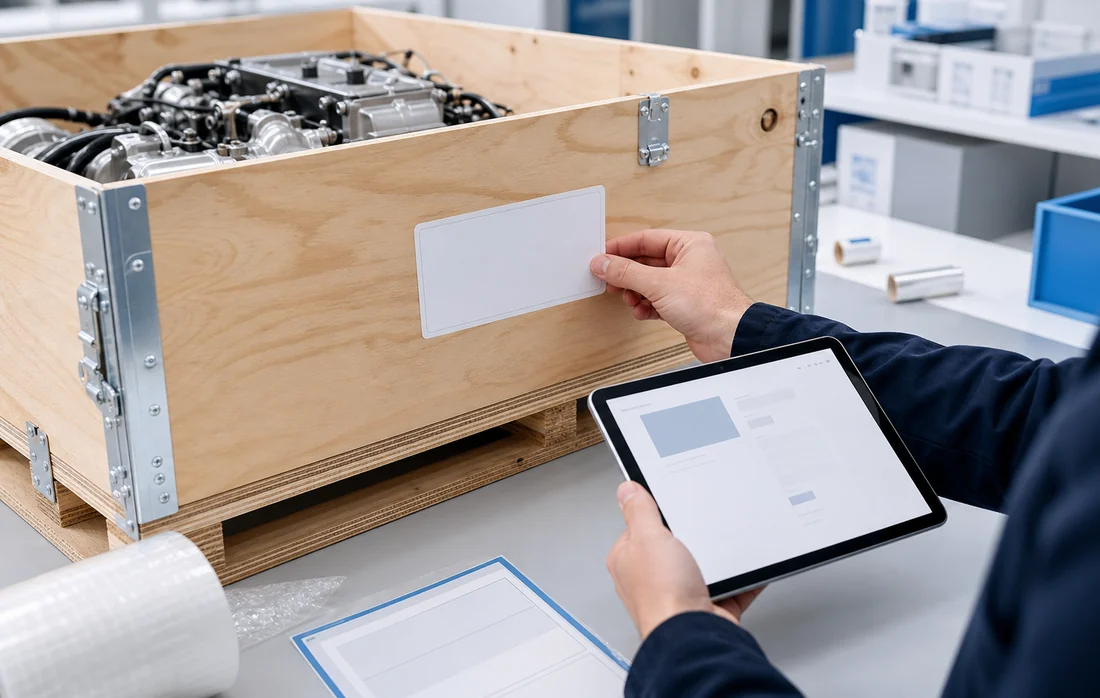 Buyer and packing specialist reviewing a neutral engine package label layout