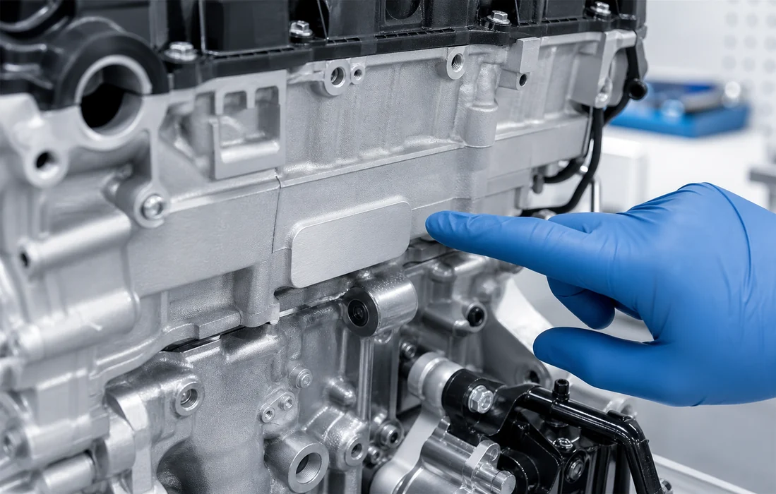 Close view of an engine identification marking area without readable serial data