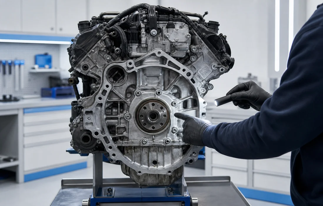 Technician inspecting the engine transmission mating interface and bolt pattern
