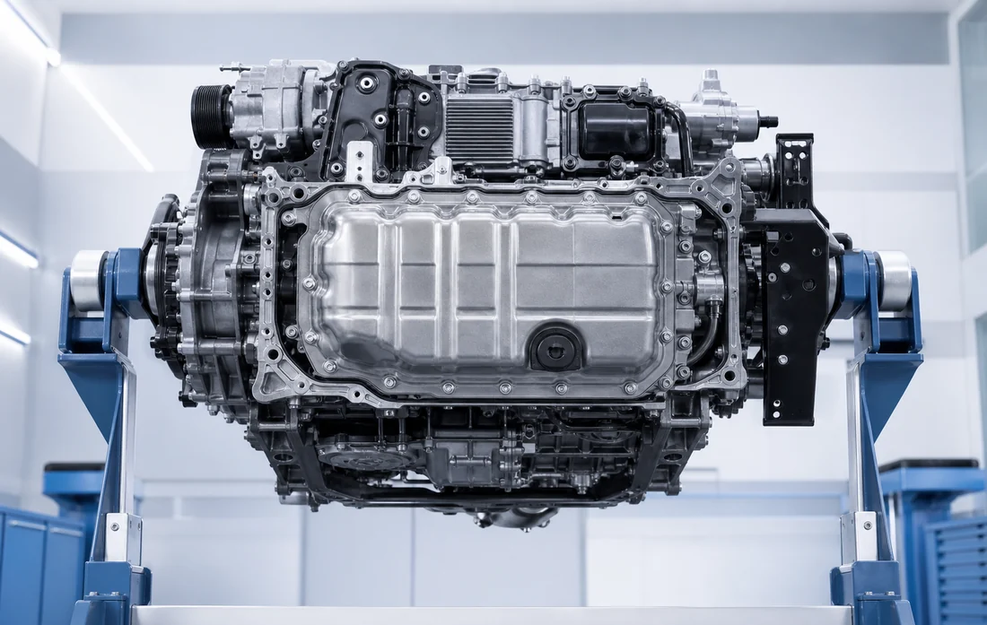 Professional underside view showing the oil pan and lower engine layout