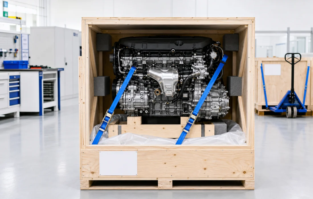 Automotive engine secured in a clean export crate with neutral packaging