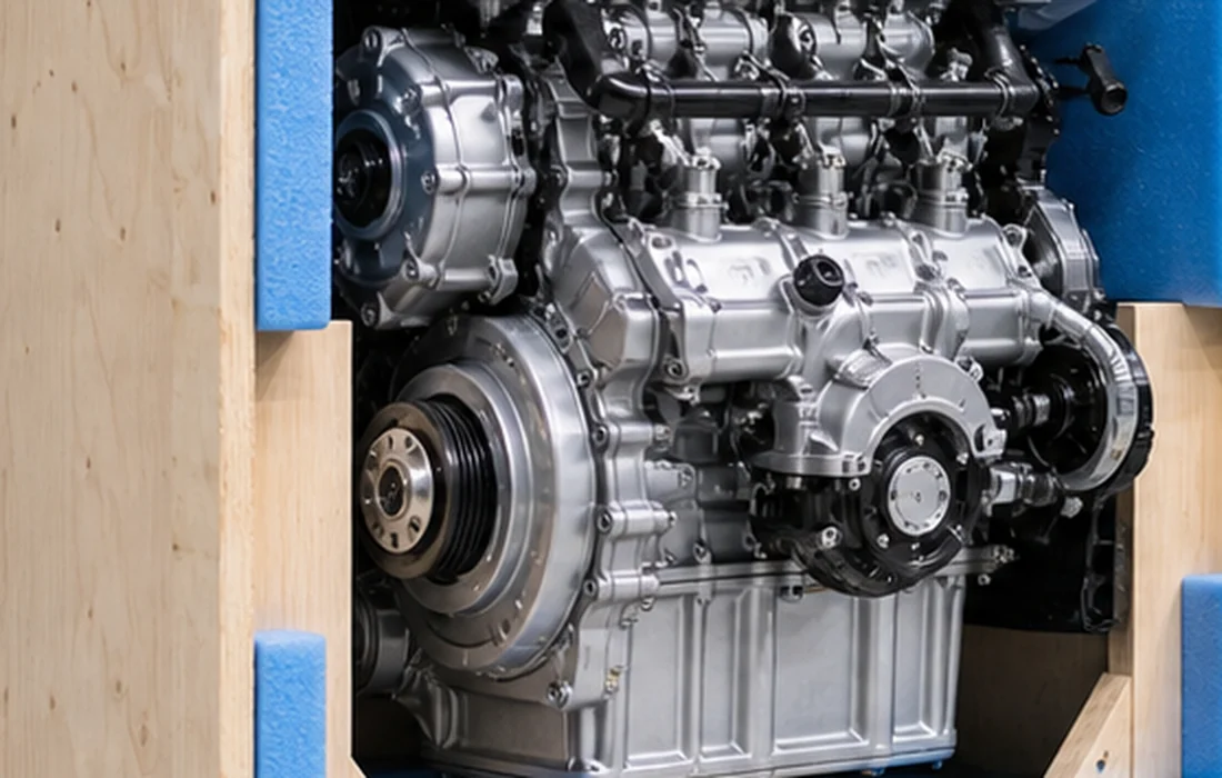 Protected automotive engine prepared inside an export shipping crate
