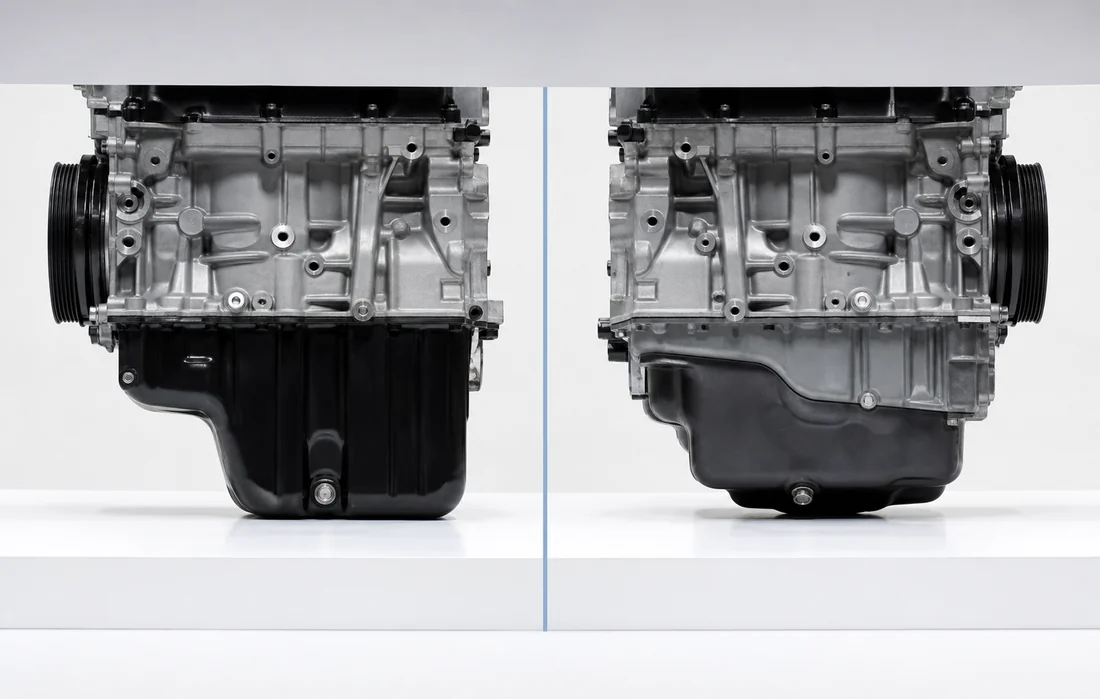 Two different lower engine silhouettes arranged for oil pan configuration comparison
