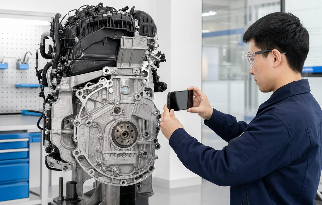 Chinese technician photographing the mounting side of a replacement engine