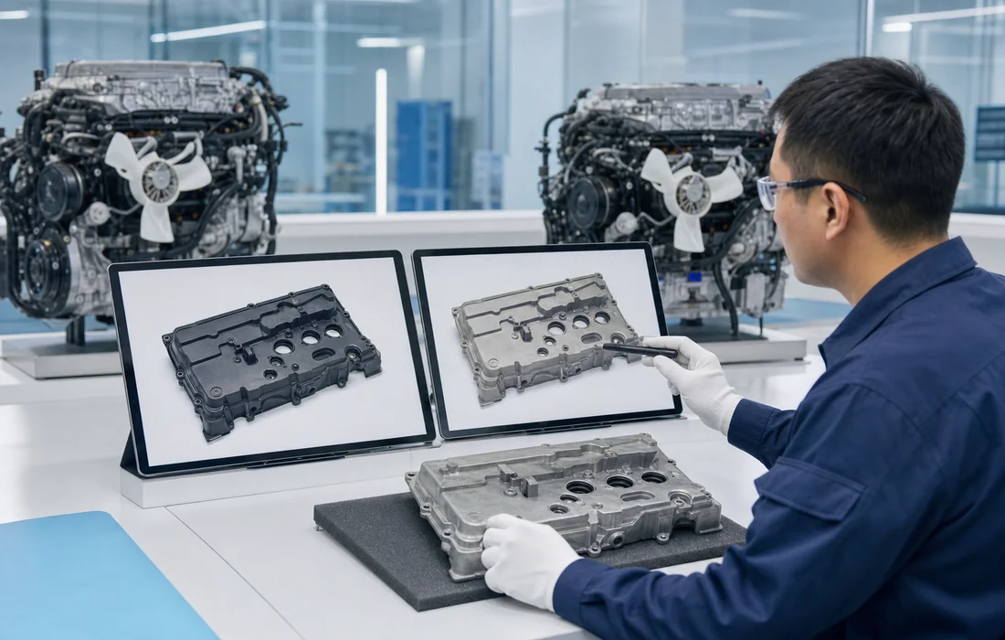 Chinese technician comparing original engine and replacement engine valve cover photos