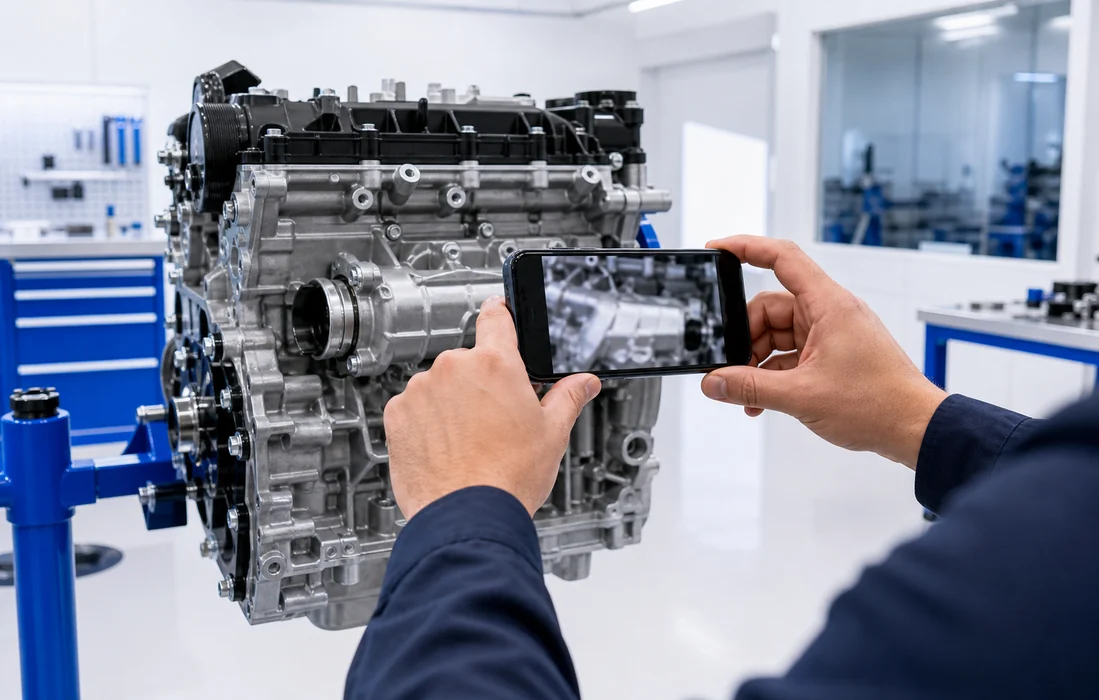 Technician photographing an engine marking and surrounding configuration for verification