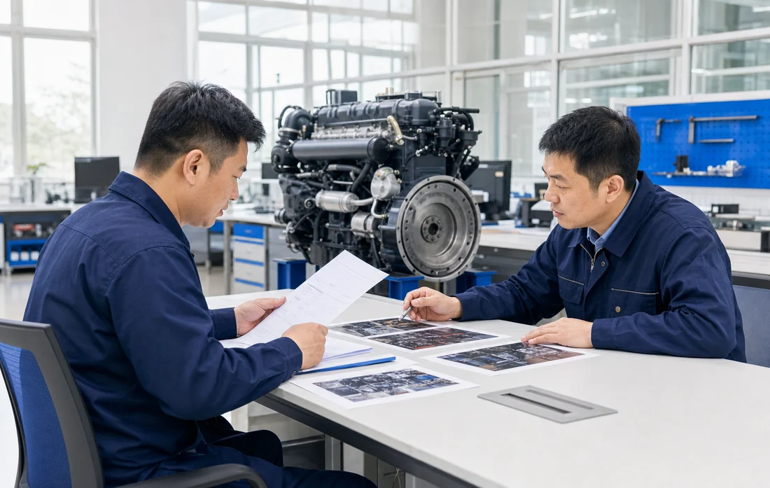 Chinese B2B engine team comparing quotation details with engine photos