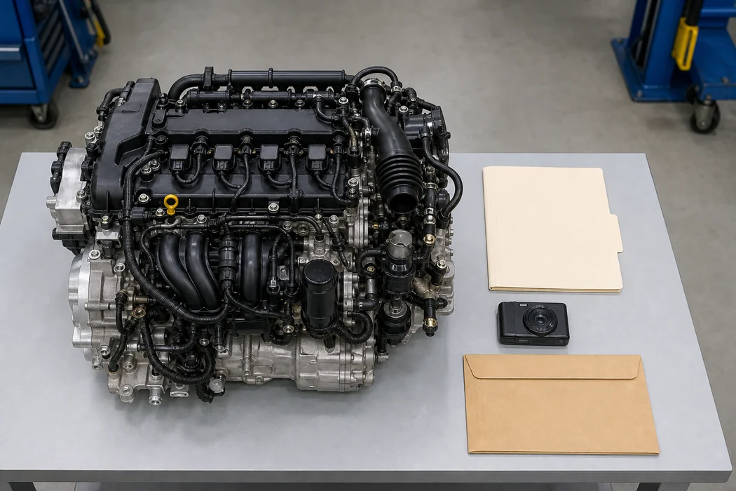 Unbranded engine on a workbench with a blank job folder, camera and document envelope