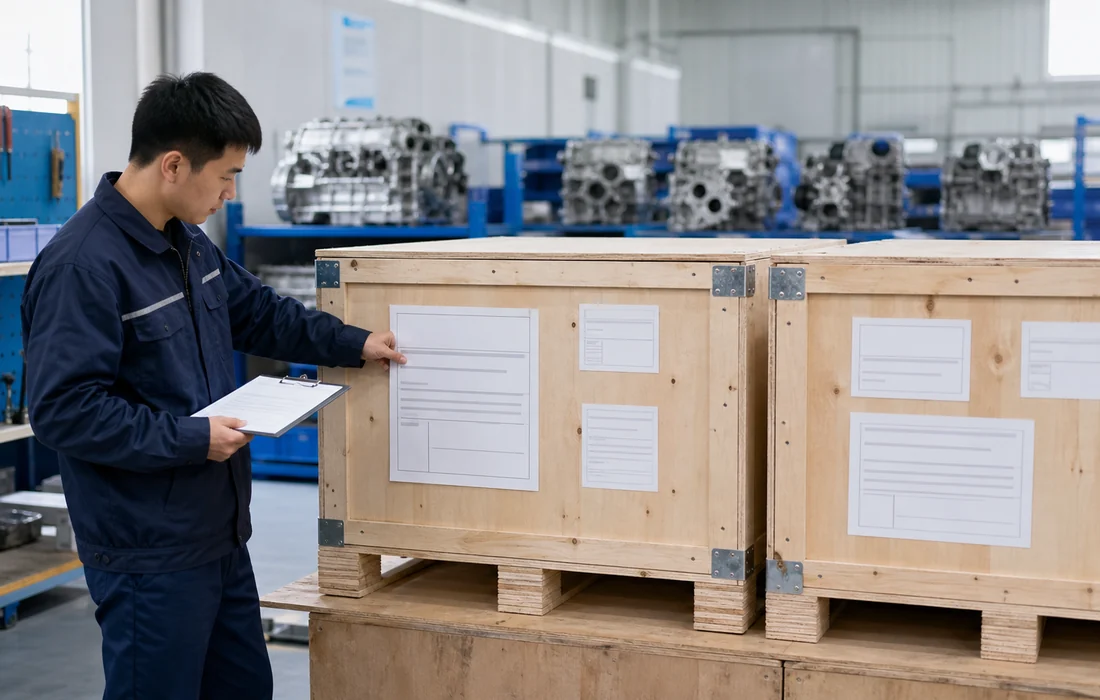 Chinese logistics coordinator checking engine crate labels against shipping documents