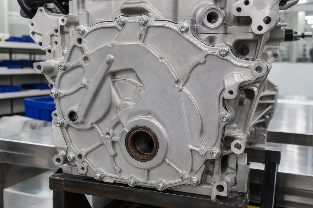 Close view of a generic engine timing cover with mounting points and fasteners visible