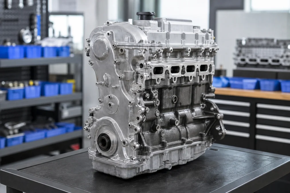 Generic automotive replacement engine viewed from the timing cover side on an inspection bench