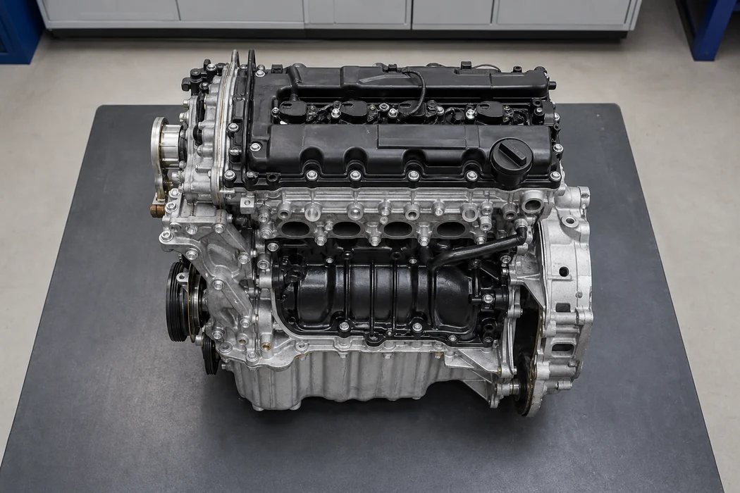 Top view of a generic automotive engine showing the timing-side end and surrounding configuration areas