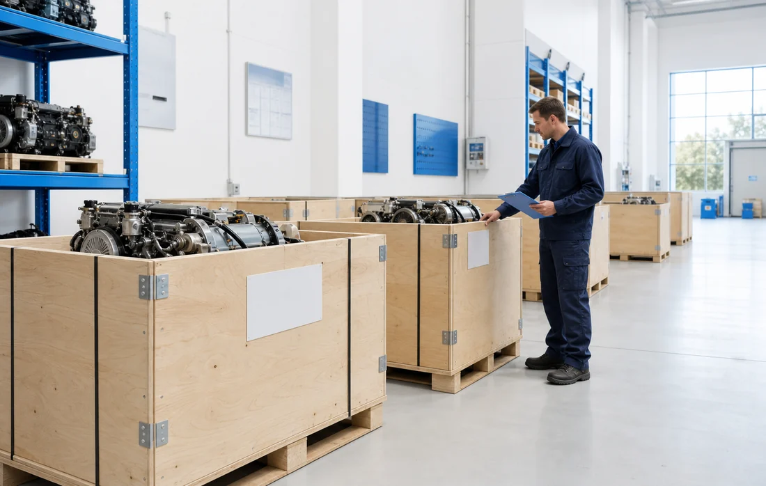 Warehouse inspection of numbered neutral engine packages before international dispatch