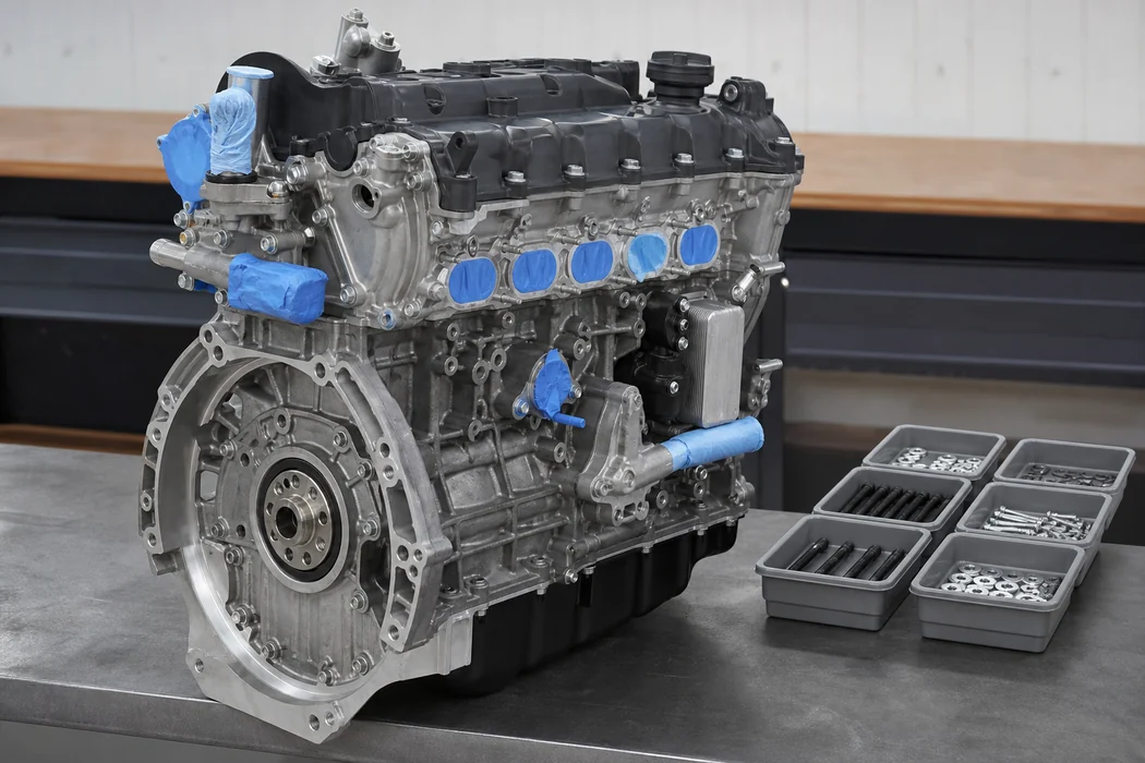 Generic replacement engine with covered openings and organized plain parts trays on a tidy workshop bench