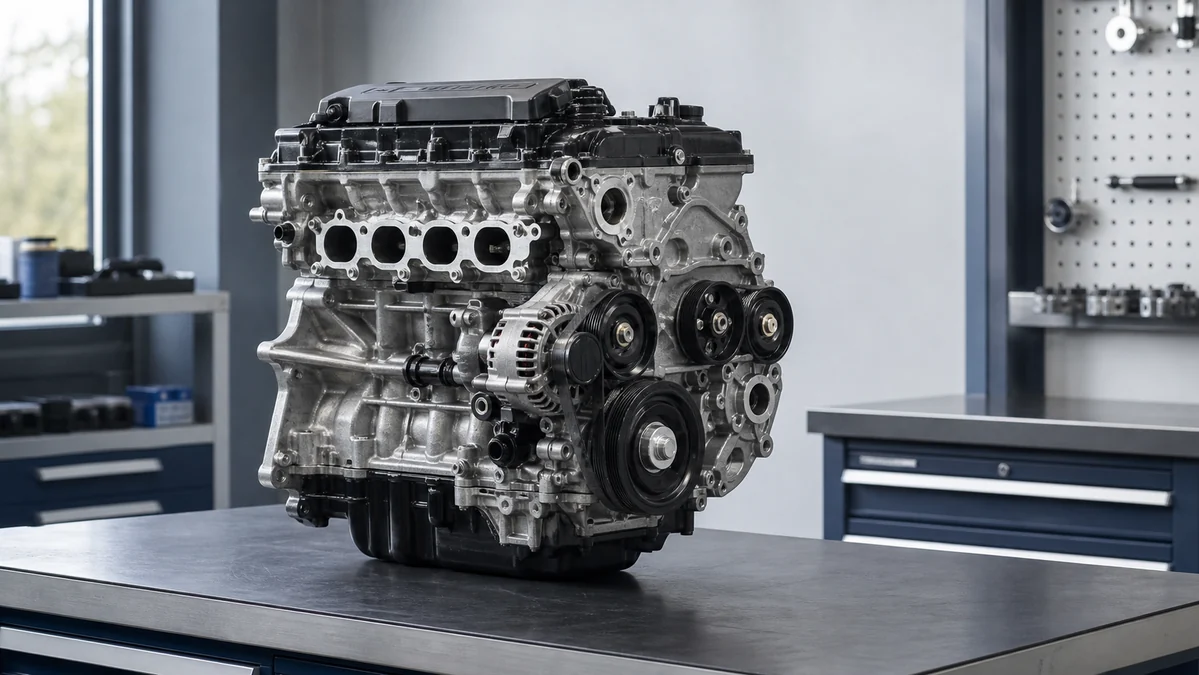 Generic automotive replacement engine on an inspection bench with external accessory mounting areas visible
