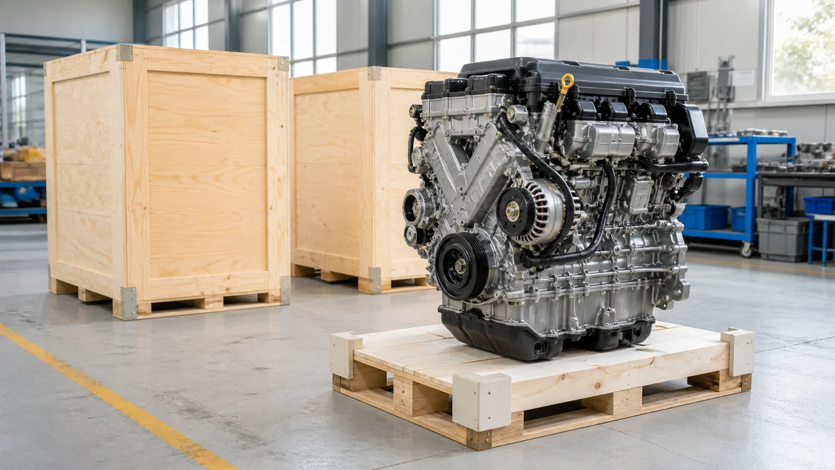 Unbranded replacement engine on a wooden pallet beside plain export crates in a bright workshop