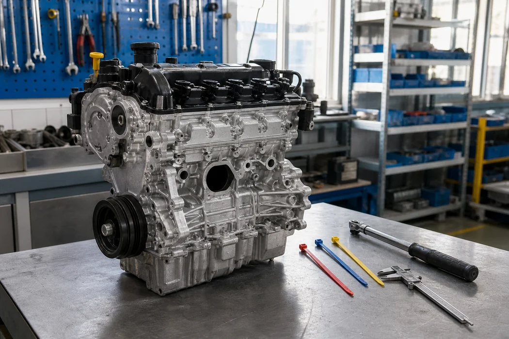 Unbranded replacement engine on an inspection bench with ordinary measuring tools and colored cable ties
