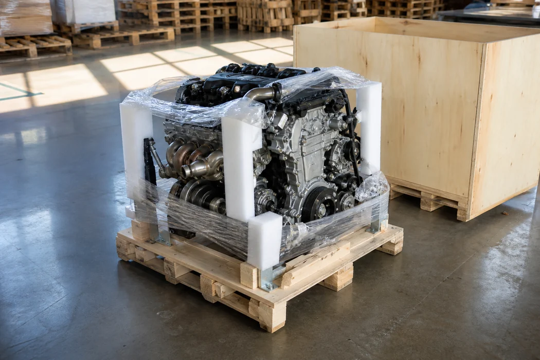 Unbranded replacement engine protected on a wooden pallet with clear wrap and an unlabeled export crate