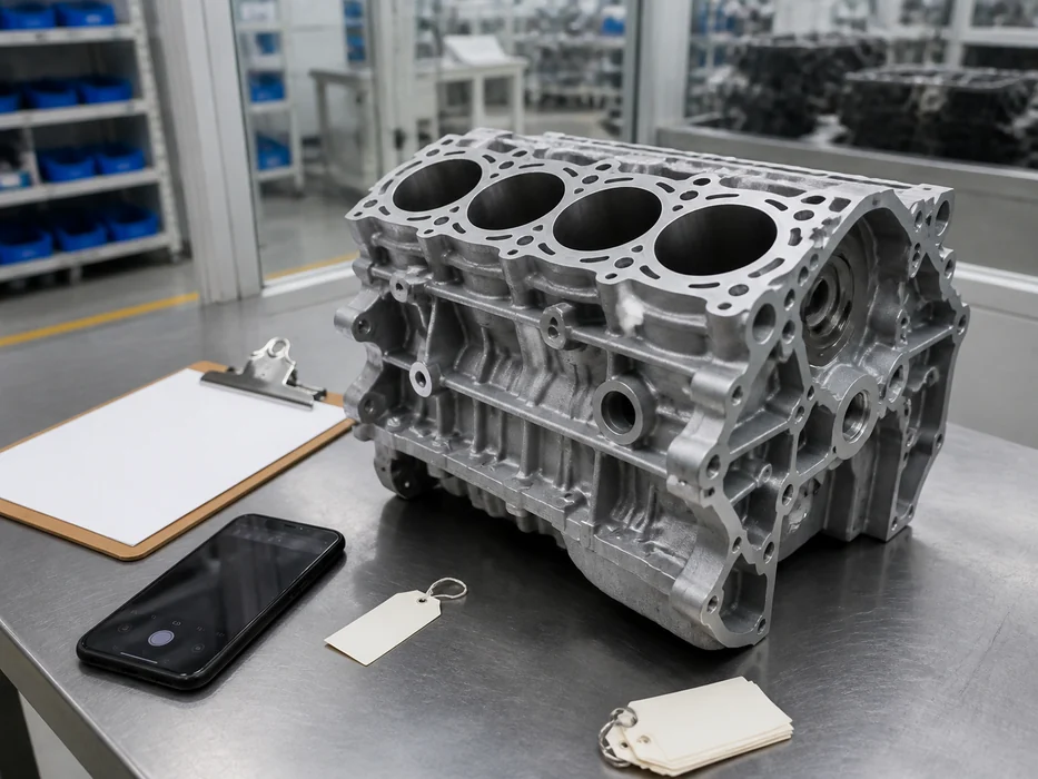Bare four-cylinder engine block beside a clipboard, camera phone and blank identification tags on an inspection bench
