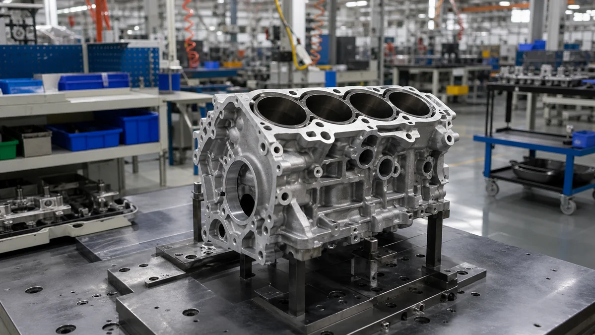 Bare four-cylinder engine block secured on an inspection fixture in a bright automotive workshop