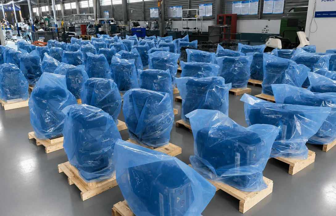 Covered automotive engine assemblies on individual wooden pallets in a well-lit factory storage area
