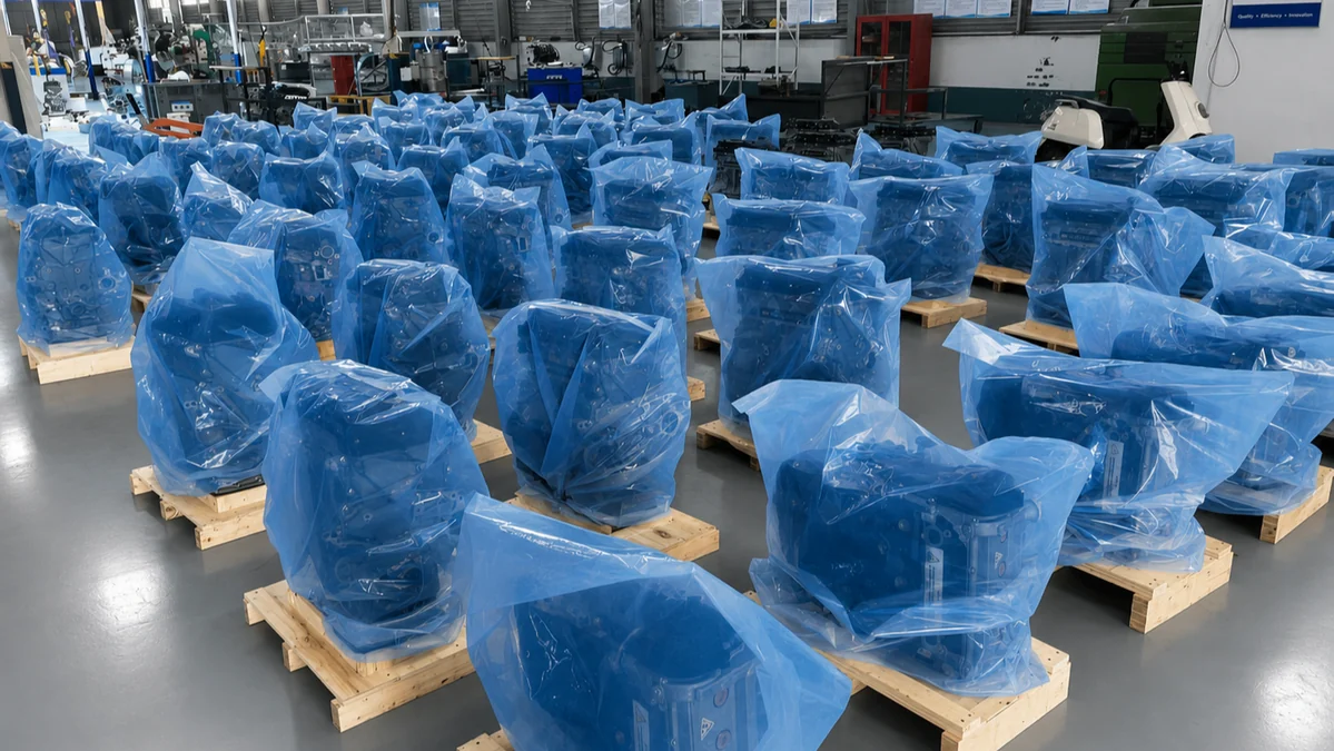 Covered automotive engine assemblies on separate wooden pallets in a bright factory area