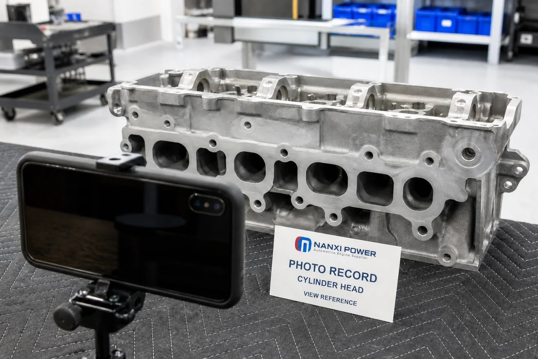 Generic camera beside an unbranded cylinder head and a NANXI POWER photo record card