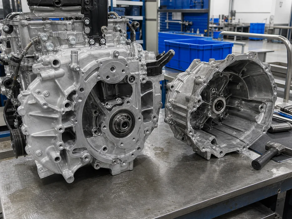 Engine mounting face, brackets and transmission interface being compared on a bright industrial bench