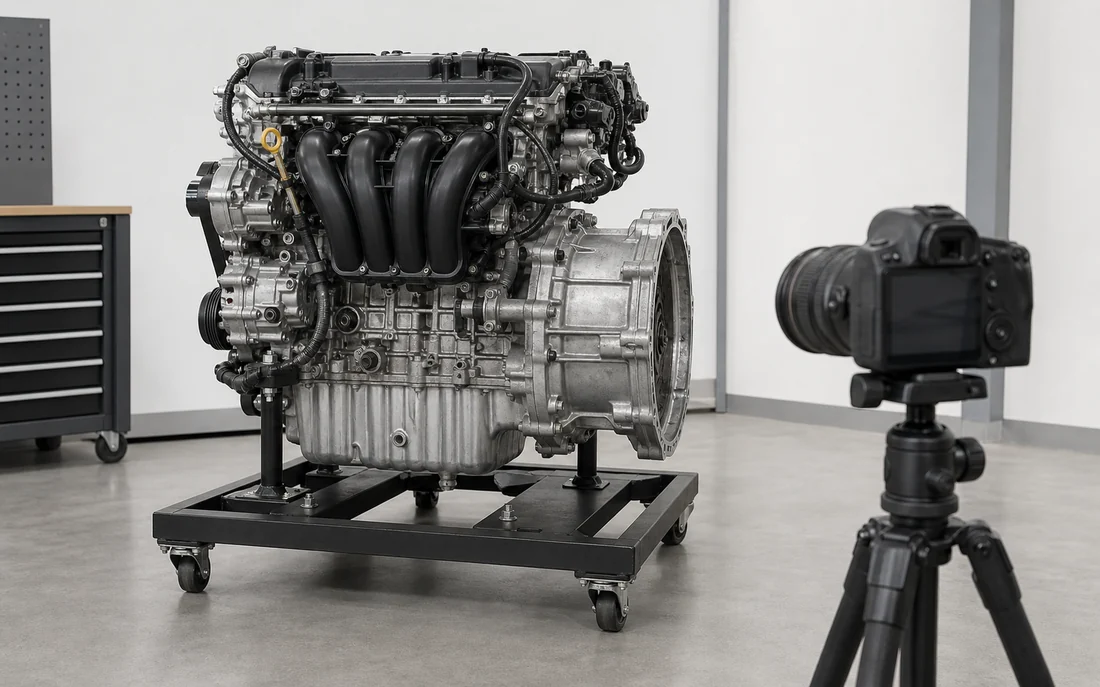 Generic engine on a mobile inspection stand with a camera positioned for repeatable side views
