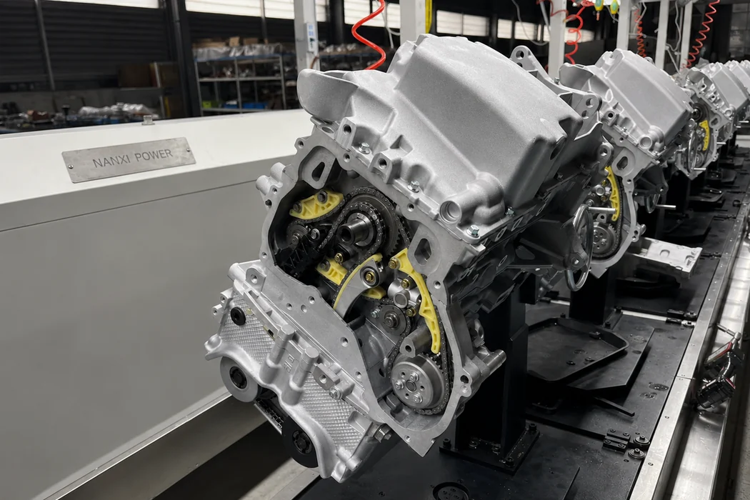 Automotive engine assembly secured on a production fixture in a bright industrial workspace
