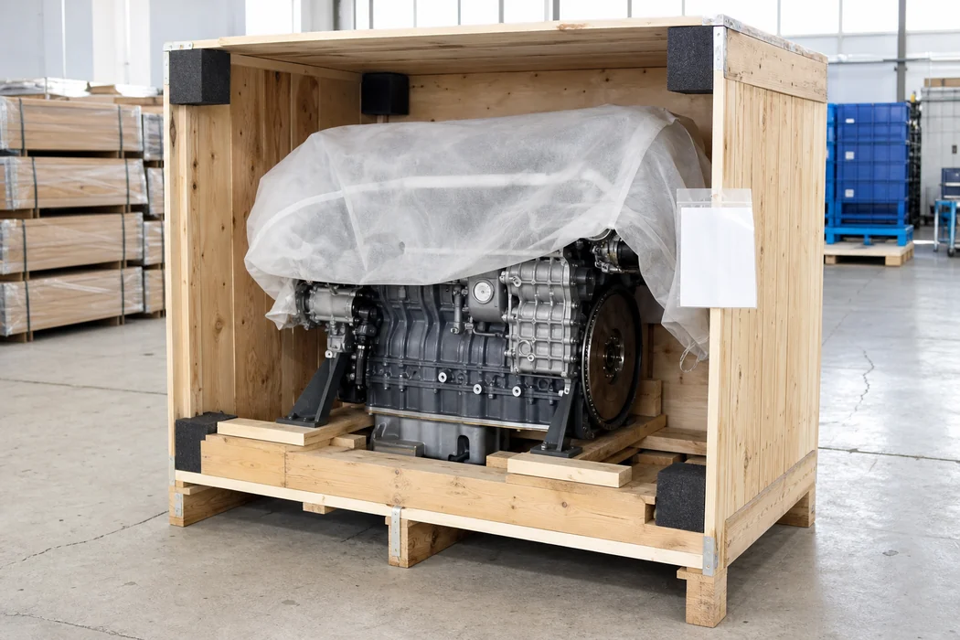 Automotive engine protected inside an open wooden export crate with visible supports and protective covering