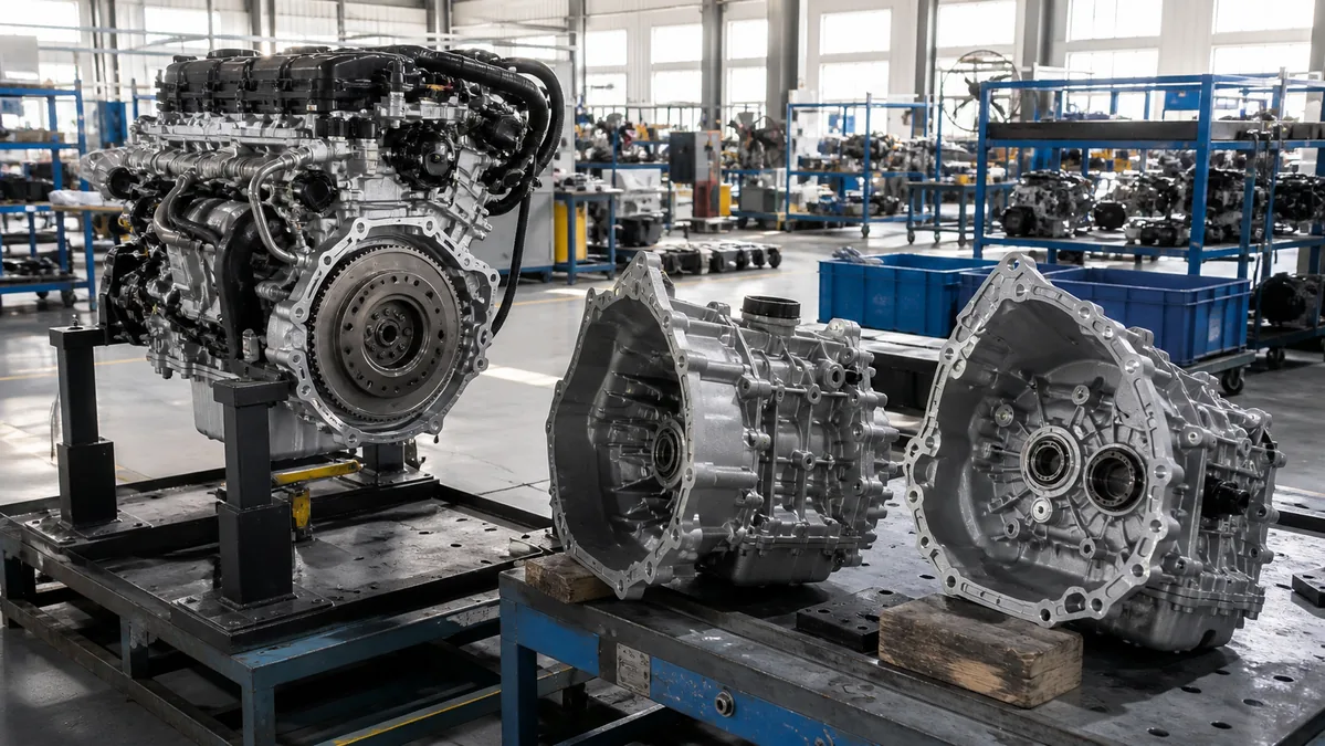 Replacement engine and transmission interfaces arranged for drivetrain configuration review in a bright workshop