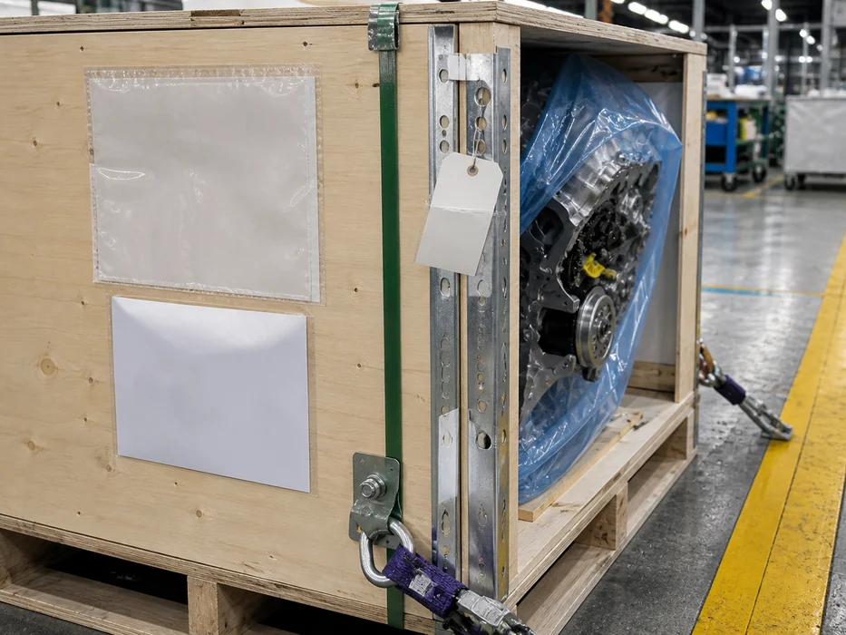 Wooden engine crate with blank document sleeves, shipping tags and visible packing hardware