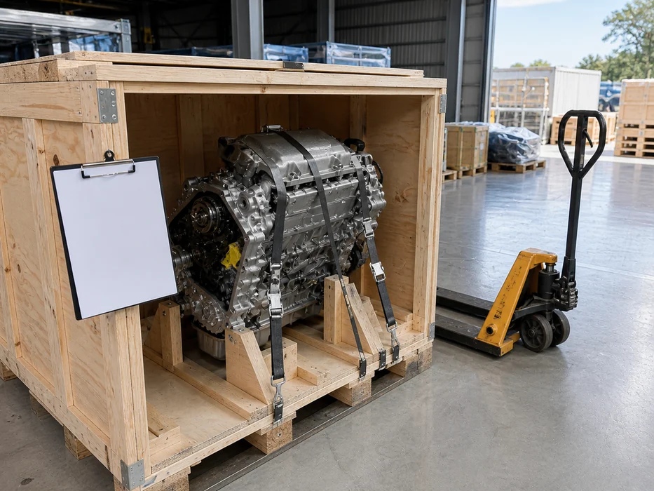 Automotive engine restrained inside an open export crate beside a pallet jack at a handover point