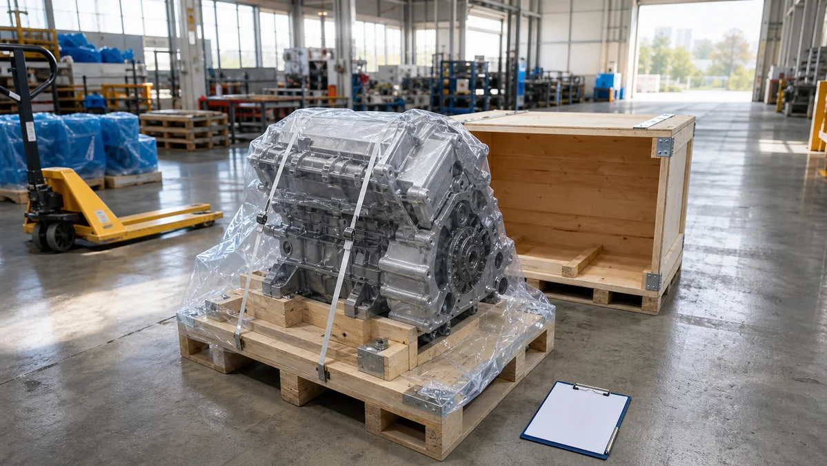 Automotive engine secured on an export pallet beside a wooden crate at a freight handover area